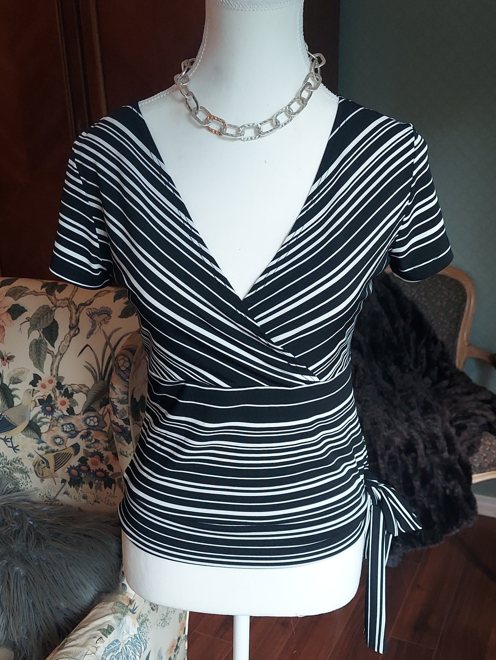Women’s Black & White Striped Wrap-Style Top with Side Tie